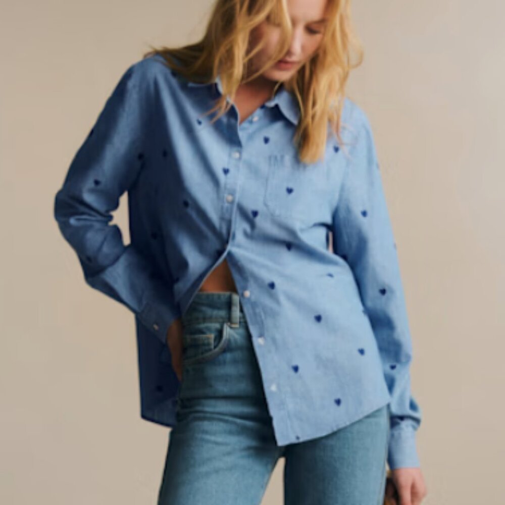 Sezane Tomboy Shirt Chambray With Embroidered Navy Hearts - Size 14